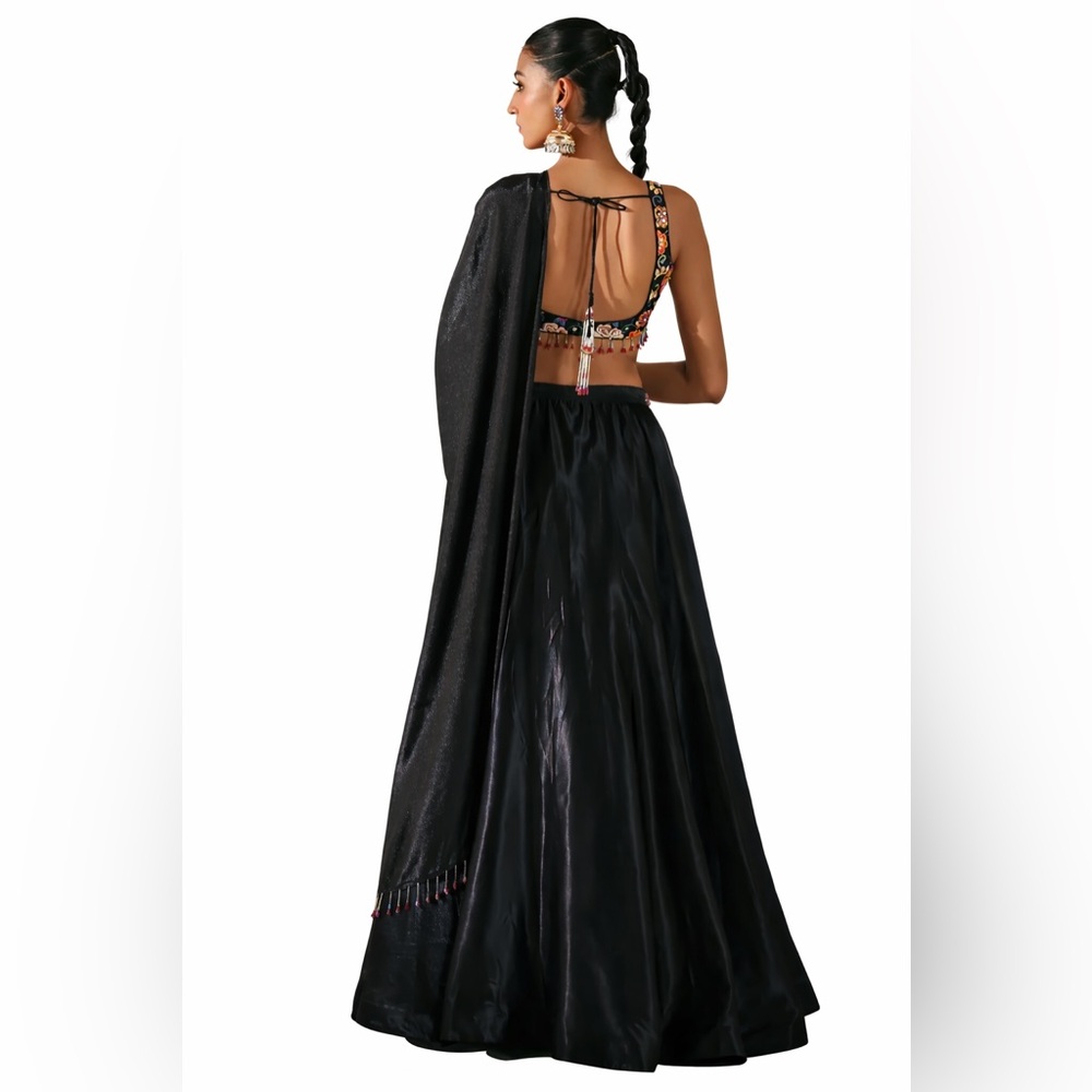 Lashkaara Black Embroidered Satin Lehenga - Picture 3 of 11